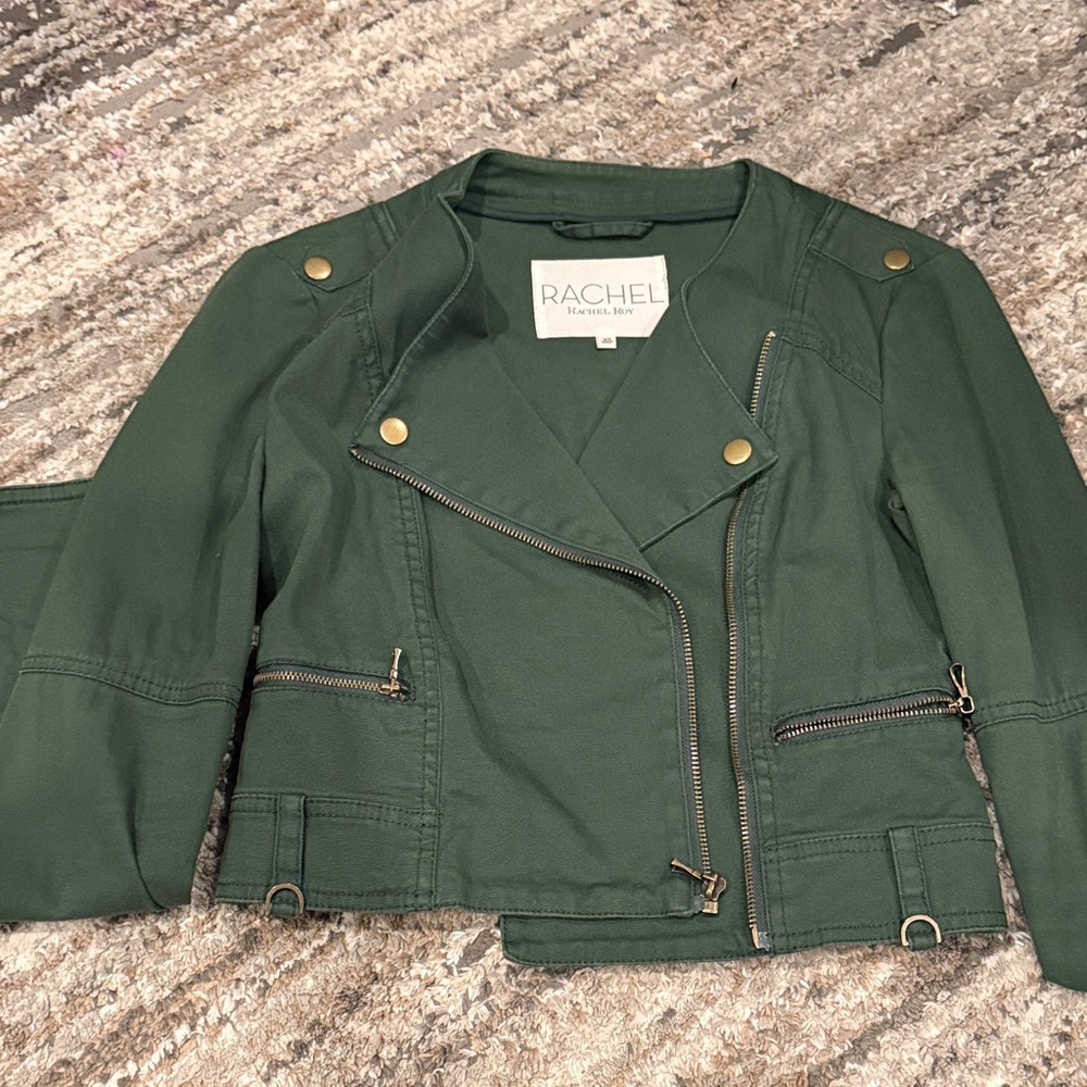RACHEL Rachel Roy Forest Green Leather Jacket with Gold Details